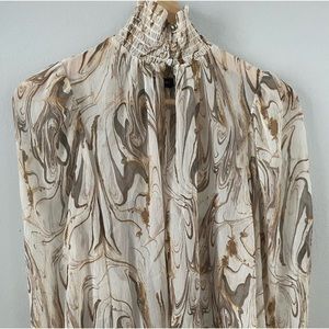 Marbled high collar sheer blouse with bell sleeves NWOT